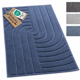 SIEGENTHAL® Badmatte 50x80 cm aus 100% Baumwolle – Weicher Badteppich, Saugstarker Badvorleger & Duschmatte für Badezimmer, Feng Shui Muster, Waschbar - Blau