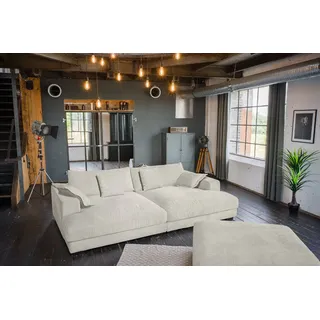 KAWOLA Big Sofa Madeline Cord cremeweiß mit Hocker und 4 Zierkissen - Weiß
