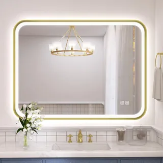 S'bagno Badspiegel mit Beleuchtung 80x60 cm, Badezimmerspiegel mit Beleuchtung mit Aluminiumrahmen, Nebelfrei, 3000-6500K, Memory-Funktion, IP44 Bad Spiegel mit Licht, Horizontal/Vertikal, Gold