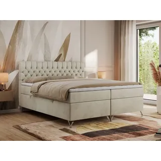MKS Meble Boxspringbett 180x200, Bett 180x200 mit Matratze H3, Boxspringbett 180x200 mit Bettkasten und Topper, Polsterbett 180x200 Füße - GRIMALDI - 180x200 - Beige Velvet - H3 - Beige