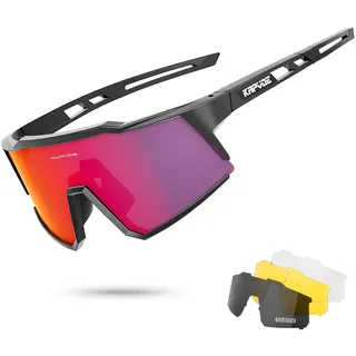 KAPVOE Polarisiert Fahrradbrille mit 4 wechselgläser TR90 Rahmen für Herren Damen Sport Radfahren MTB Sportsonnenbrille Radbrille Sportbrille Fahren Angeln Baseball Laufen rot Schwarz 01