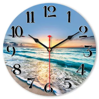VIKMARI Strand-Wanduhr batteriebetrieben 20 cm (8 Zoll) Blauer Ozean-Küsten-Design Heimdekoration mit Meeresthemen Klein Leise Nicht Tickend Quarz-Wanduhr für Wohnzimmer Schlafzimmer Büro