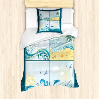 ABAKUHAUS Strand Mantele, Maritime Themed Waves, Milbensicher Allergiker geeignet mit Kissenbezügen, 135 cm x 200 cm - 80 x 80 cm, Blau Beige Grün - Blau