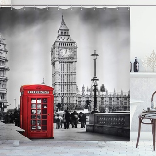 ABAKUHAUS Duschvorhang, Londoner Rote Telefonzelle mit Big Ben im Great Bell Touristen England Schwarz Weiß Rot, Blickdicht Stoff inkl. 12 Ringe für Das Badezimmer Waschbar, 175 X 200 cm, Grau Rost