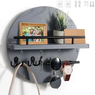 Dxiunove Schlüsselboard Vintage Holz mit Ablage Schlüsselbrett Rund Schlüsselhalter für Zuhause Dekorative Wandmontage Schlüsselbrett mit Vintage Charme(grau)