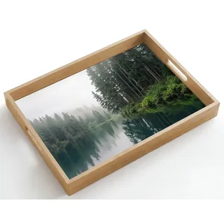 OnlyWow© Tablett Serviertablett rutschfest Griff Küchentablett | 50x35 cm - Rechteckig - Servierplatte Eiche Holztablett Henkel Hitzebeständig Berge - See - Wald