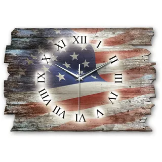Kreative Feder Designer Wanduhr USA Flagge aus Holz Größe 40x27cm - Wanduhr im Landhaus-Stil Shabby-Style Made in Germany leise ohne Ticken (USA Flagge, leises Quarzuhrwerk)