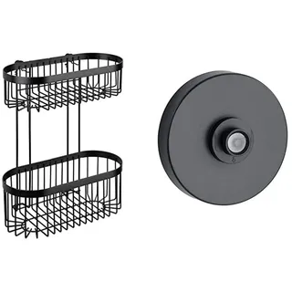 WENKO Wandregal 2 Etagen Classic Plus Black - Wandablage, Stahl, 26.5 x 33 x 14.5 cm, Schwarz & Vacuum-Loc® Adapter Schwarz - Befestigen ohne Bohren, Kunststoff, 6 x 2.8 x 6 cm, Schwarz