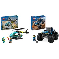 LEGO City Rettungshubschrauber, Hubschrauber-Spielzeug für Kinder & City Blauer Monstertruck, Offroad-Auto-Spielzeug, Fahrzeug-Set mit Rennfahrer-Minifigur