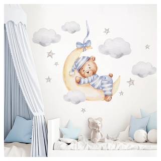 DEKO KINDERZIMMER Wandsticker Bär mit Mond Kinderzimmer Wandtattoo Wandaufkleber Wolken Sterne Babyzimmer Wanddeko DK1063-2