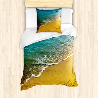 ABAKUHAUS Landschaft Mantele, karibische Meer, Milbensicher Allergiker geeignet mit Kissenbezügen, 135 cm x 200 cm - 80 x 80 cm, Hellblau und Marigold - Hellblau