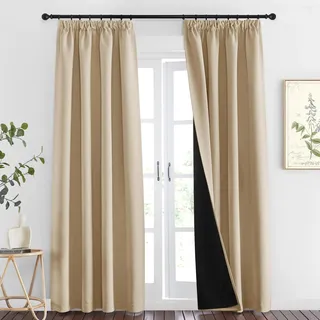 PONY DANCE Wärmeisolierende Vorhänge mit Kräuselband für Schienensystem Gardinen Wohnzimmer 2er Set H 260 x B 140 cm Doppellagiger Verdunkelungsvorhang für Schlafzimmer, Biscotti Beige