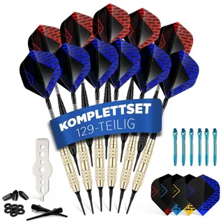 DartPro Dartpfeile mit Kunststoffspitze – 12 Dartpfeile für elektronische Dartscheibe [18g] – Softdarts Set [inkl. 6 Alu Dart Schaft + 21 Dart Flights]