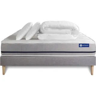 Komplettpaket Bett - Matratze 160x200 cm + Boxspringbett mit Lattenrost (im Set) + 2 Kopfkissen + Bettdecke - Actiflex Soft - Grau