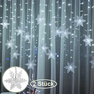 2 Stück Schneeflocke Lichterkette 94LEDs Lichtervorhang Kaltweiß Innen 8 Modi IP44 Deko Für Weihnachten Fenster Balkon Garten Party - Weiß