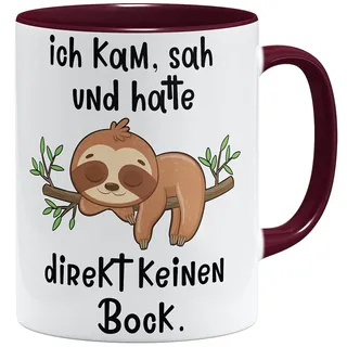OM3® Ich kam, sah und hatte direkt keinen Bock - lustige Faultier Tasse mit Spruch - Keramik Becher - 11oz 325ml - Beidseitig Bedruckt - Bordeaux