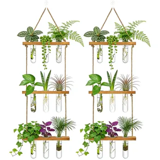LDXDRU 2er Hängende Reagenzgläser für Blumen 3 Stöckiges 9 Reagenzgläser Vase mit Holzständer Wandvase Reagenzglas Vase Hydrokultur Pflanzen Propagation Station für Haus Garten Büro Wohnzimmer Deko