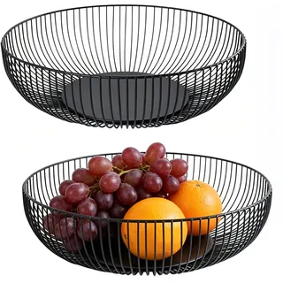 OFXCEN 2 Stück Obstschale Metall Schwarz 27.5x8 cm, Seicht Obstkorb aus Metall Abgerundetes Design Durchbrochener Aufbewahrung für Gemüse Obst Brot Modern Geschenkkorb