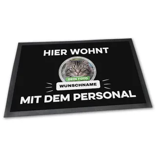 PfotenSchild Fußmatte mit eigener Katze - Hier Wohnen - Personalisiert mit WUNSCHFOTO und Wunschname Katzenbesitzer - 75 x 50 cm