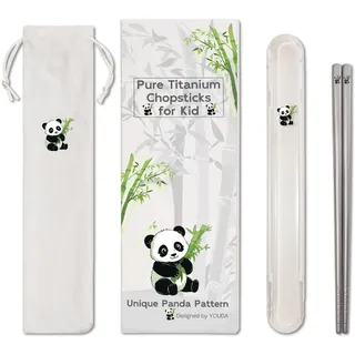Youda 1 Paar Kinder Titan Essstäbchen - Unzerbrechliches Camping & Reise-Besteck, Panda-Lasergravur, Leichtes Essstäbchen-Set mit Trageetui, Beutel/Spülmaschinengeeignet (99,9% reines Titan)