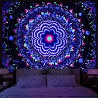 Amonercvita Schwarzlicht-Wandteppich Trippy Mandala Tapisserie UV Reaktiv Galaxy Stars Tapisserie Psychedelic Neon Tapisserie Wandbehang Hippie Schwarzlicht Poster für Wohnzimmer