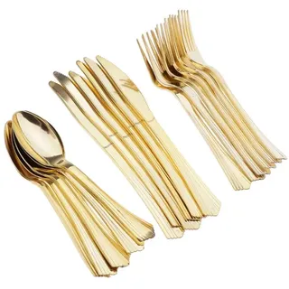30 Stück wiederverwendbares Gold Plastikbesteck Plastik Besteck Set Gabeln Messer Löffel PartyGeschirr Set Mehrweg Kunststoffbesteck für Haus Dekoration Hochzeit Weihnachten Geburtstag Party