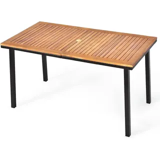 Costway Gartentisch Esstisch mit Schirmloch Braun , Metall , 140x76x75 cm , Gartenmöbel, Gartentische