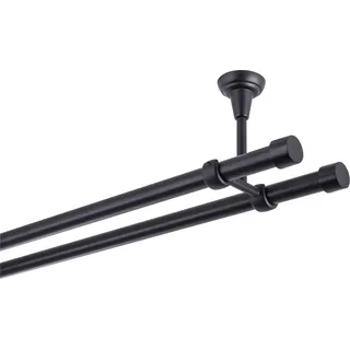 Gardinenstange Schwarz Matt stabile Vorhangstange 19 mm mit Endstück Kappe einfache Montage, Montageort: Decke, 2-läufig, 180 cm - Schwarz