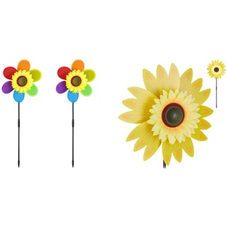 Relaxdays Windrad Blume, 2er Set & Windrad Blume, Deko Sonnenblume, für Kinder, für Balkon, Terrasse und Garten, Gartenstecker, 70 cm hoch, gelb