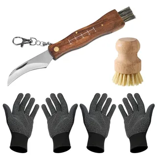 RANJIMA Pilzmesser mit Bürste, Klappbar Taschenmesser Klappmesser Edelstahl Schwammerlmesser mit Handschuhe Pilzbürste für Champignon Trüffel, Geschenk für Pilzsammler zum Outdoor Pilze sammeln