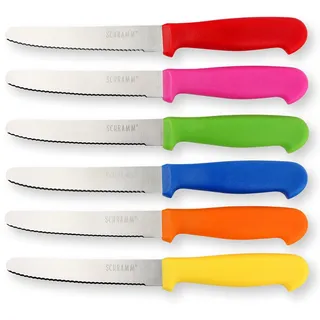 Schramm® 6 Stück Frühstücksmesser wählbar in schwarz, weiß oder bunt Brötchenmesser Brotzeitmesser mit Wellenschliff Tafelmesser Edelstahl ca. 22 cm lang, Farbe:bunt