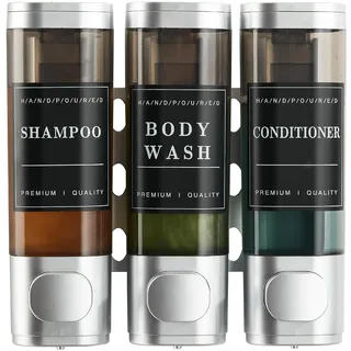 Shampoo- und Spülungsspender, Duschspender, 3 Kammern, kein Bohren, Wandmontage, Shampoospender für Dusche, Wandmontage, Duschspender, für Badezimmer, Hotel, Küche, großes Fassungsvermögen, Silber