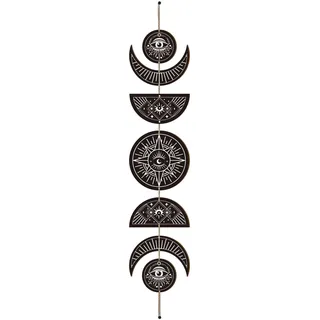 CREATCABIN 7 Stück Mondphasen-Wandbehang Boho-Dekor Holzwandkunst Hexendekor Rustikales Schwarzes Holzschild Dekorative Moderne Kunstwand Spirituell Für Wohnung Bar Wohnzimmer 72.5x16cm Auge