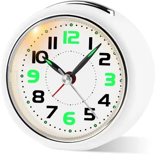 Juboos Analoger Wecker ohne Ticken,Leiser Reisewecker mit Nachtlicht,Extra Lauter Alarm für Tiefschläfer, Batteriebetrieb, Kompakt für Kinder, Schlafzimmer, Nachttisch und Reise (Weiß)