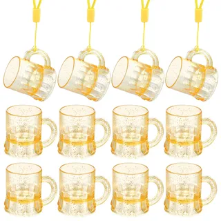 12 Stück Schnapsglas mit Henkel Kunststoff 3CL Schwarz Schnapsbecher Party Schnapsgläser mit 12 Schnapsglaskette Kunststoff Geburtstag Tassen für Junggesellenabschied,Fasching,Mottoparty (Gold)