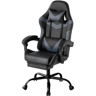 SURFOU Gaming Stuhl Ergonomischer Bürostuhl mit Stoffpolster, Fußstütze, Kopfstütze und Lendenstütze, höhenverstellbar, gepolstert, für PC und Gamer, bis 150kg, Drehstuhl, Schwarz-Grau