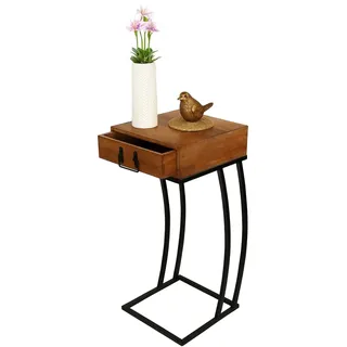 Relaxdays Beistelltisch mit Schublade, HxBxT: 70 x 30 x 30 cm, Holz & Metall, C-Form, antiker Sofatisch, braun/schwarz
