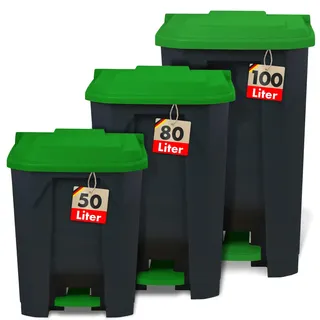 Floordirekt Mülleimer 80 Liter, grüner Deckel, Abfalleimer für Küche und Büro, Mülltrennsystem, Tretmülleimer mit Step-On-Mechanismus, Papierkorb, Mülltonne Olaf