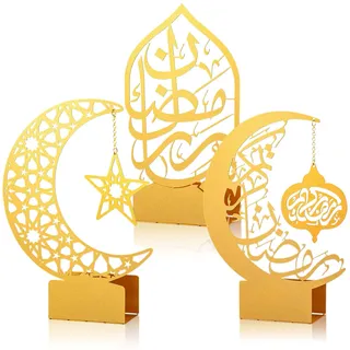 Photect 3 Stück Eid al-Adha Metall Ramadan Tisch Deko Gold Eid Mubarak Tischdekoration Stern Mond Islamische Tischschilder Esstisch Ornamente Teelichthalter für Tafelaufsatz Deko Party Geschenk