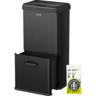 EKO Sensor Mülleimer 2 Fächer, 32 L + 18 L, vertikales Design, platzsparend | Küchenabfalleimer aus mattschwarzem Edelstahl, Soft-Close & Offenhaltefunktion, 50L Recycling-Mülleimer für Zuhause oder Büro