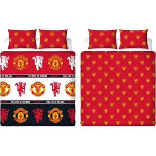 Offizielles Doppelbettbezug-Set von Manchester United FC, Patch-Design | Roter, wendbarer, zweiseitiger Fußball-Bettbezug, offizielles Merchandise, inklusive passender Kissenbezüge