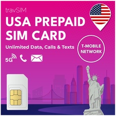 travSIM USA SIM Karte | T-Mobile Netz | Unbegrenzte Daten, Anrufe & Texte in den USA | SIM Karte USA funktioniert auf iOS & Android Geräten | SIM USA 30 Tage