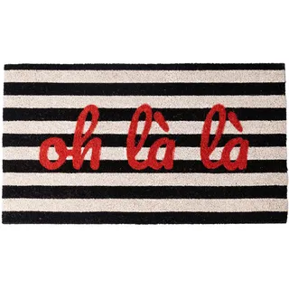 Fisura – Fußmatte Oh là là“ aus Kokosfaser mit Rutschfester PVC-Unterseite. Handbemalte schwarz-weiße Streifenmatte mit französischem Flair. Maße: 70 cm x 40 cm.