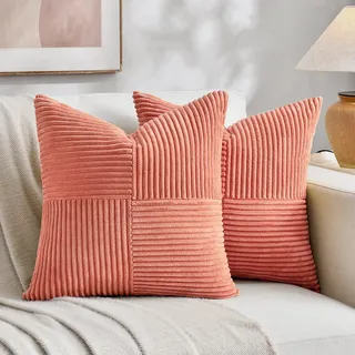 Fancy Homi Dekorative Kissenbezüge für Wohnzimmer, Couch, Bett, Sofa, rustikales Bauernhaus, Boho, Heimdekoration, weicher Cord, Corss-Patchwork, Akzent, Korallenrot, 50 x 50 cm, 2 Packungen