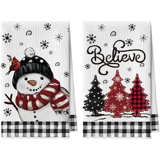 Artoid Mode Schwarz BüffelKaro Schneemann Bäume Believe Weihnachten Küchentücher Geschirrtücher, 42x65 cm Mikrofaser Saugfähig Küchen Deko 2er Set
