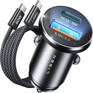 LISEN 54W Zigarettenanzünder USB C PD&QC3.0 12V USB Adapter Auto Ladegerät mit 60W Kabel Metall USB Zigarettenanzünder Adapter KFZ Ladegerät USB C für iPhone 17 Pro Max Air 16 Samsung S25 Ultra IPad