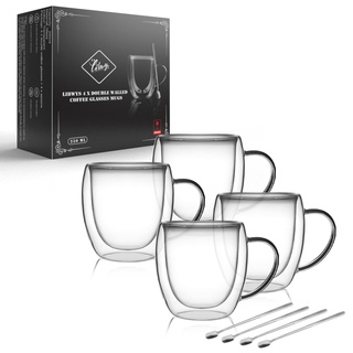 LIBWYS 4x250ml Doppelwandige Kaffeegläser mit Löffel, Cappuccino, Latte Macchiato Gläser, Teetassen Thermo mit Griff, Hitzebeständige Espressotassen Set