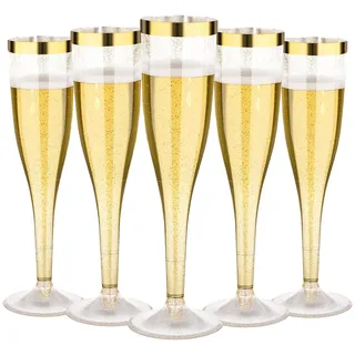 ZkateTrade 30 Stück Sektgläser Plastik, 150ml Champagner Gläser mit Goldrand und Goldglitter aus Kunststoff, Sektglas Plastik Mehrweg für Mimosa Bar Hochzeit Party Picknick im Freien