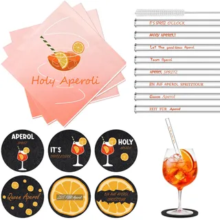 Aperol Spritz Accessoires Set mit 30 Stück Servietten Holy Aperoli, 6 Filzuntersetzer Rund, 8 Glas Strohhalme mit Schachtel für Aperolliebhaber, Aperol Geschenk für Mottopartys, Sommerparty Deko (A)