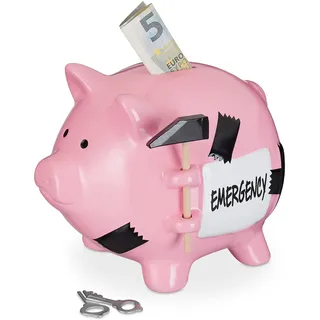Relaxdays Sparschwein mit Hammer, Emergency Aufschrift, abschließbare Spardose, Keramik, HBT: 14,5 x 20 cm,